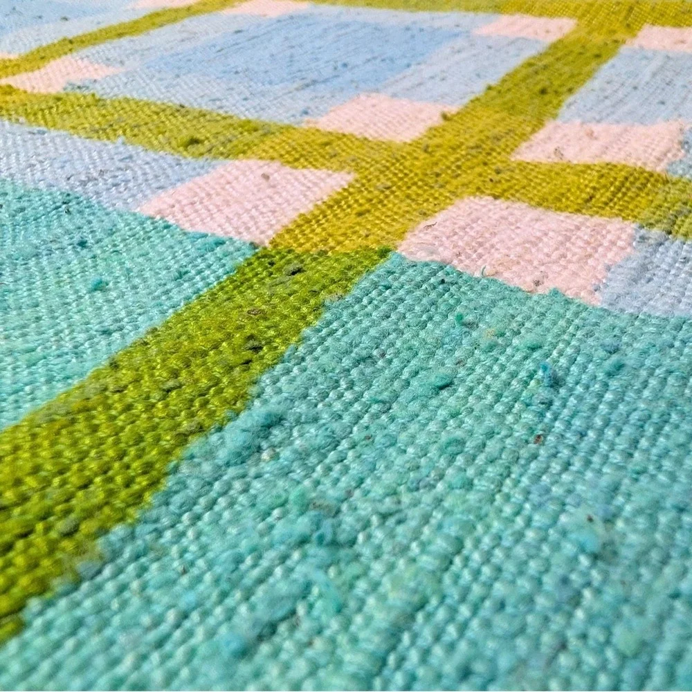 Vintage Schumacher Hand Print Plaid Fabric Blue Lime Green 1.25 Yards 56